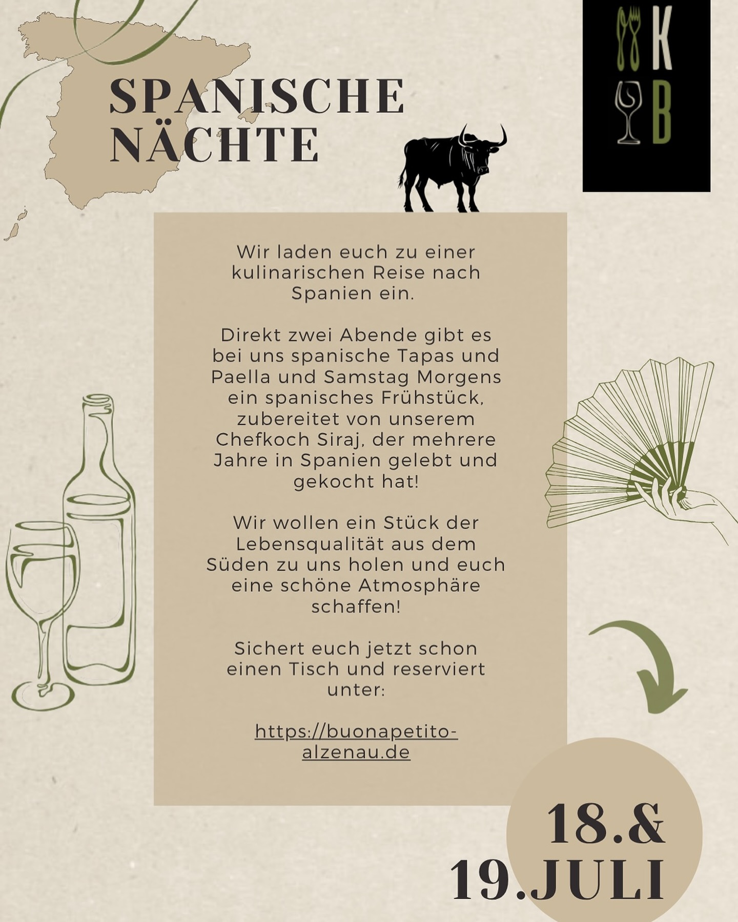 Haltet euch den 18. und 19. Juli frei und verbringt bei uns einen tollen Abend mit spanischen Köstlichkeiten und guter Musik! 🇪🇸🇪🇸🇪🇸