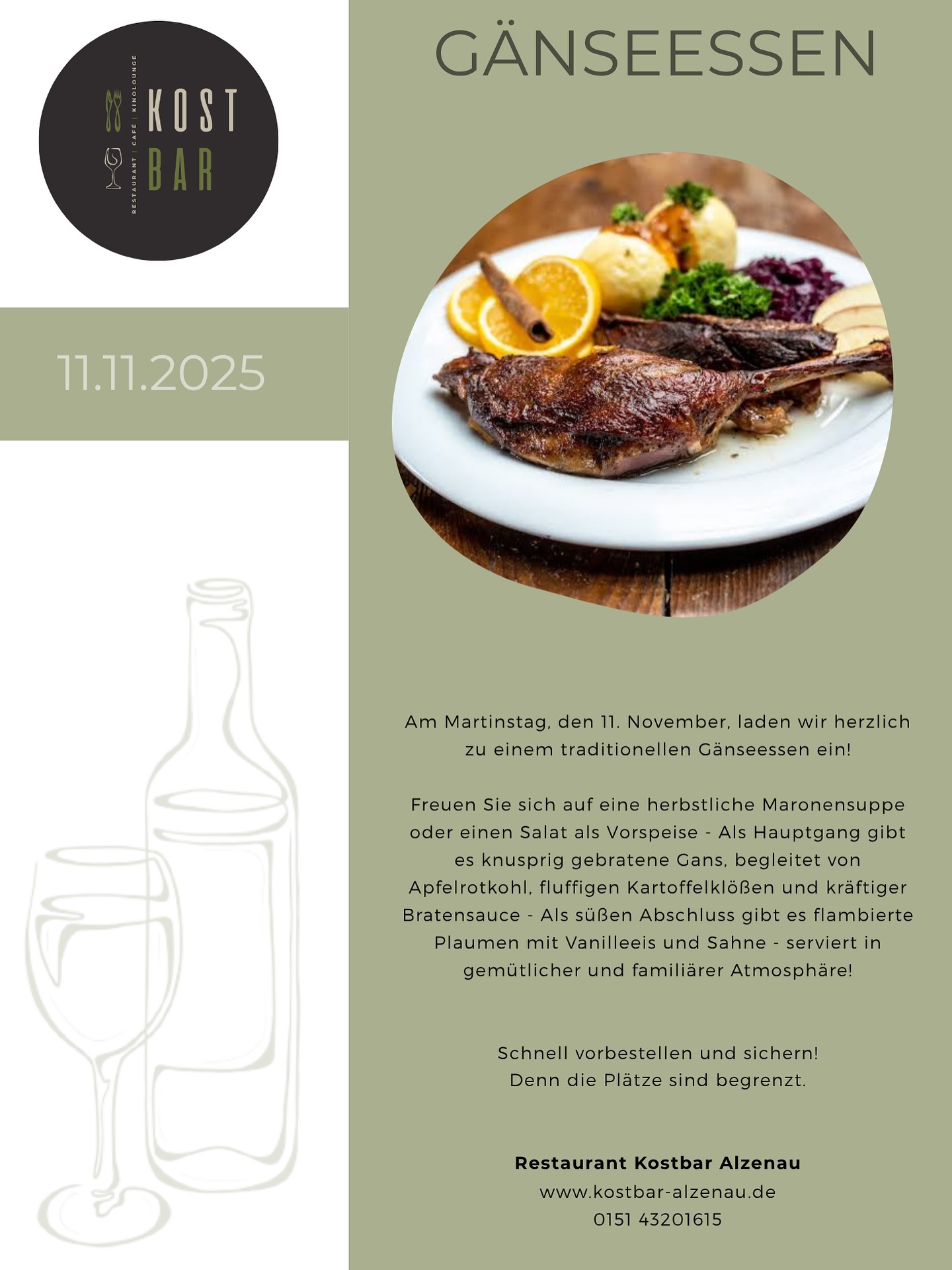 Sichert euch euer Martinsmenü am 11.11. und reserviert rechtzeitig! Wir freuen uns auf euch!