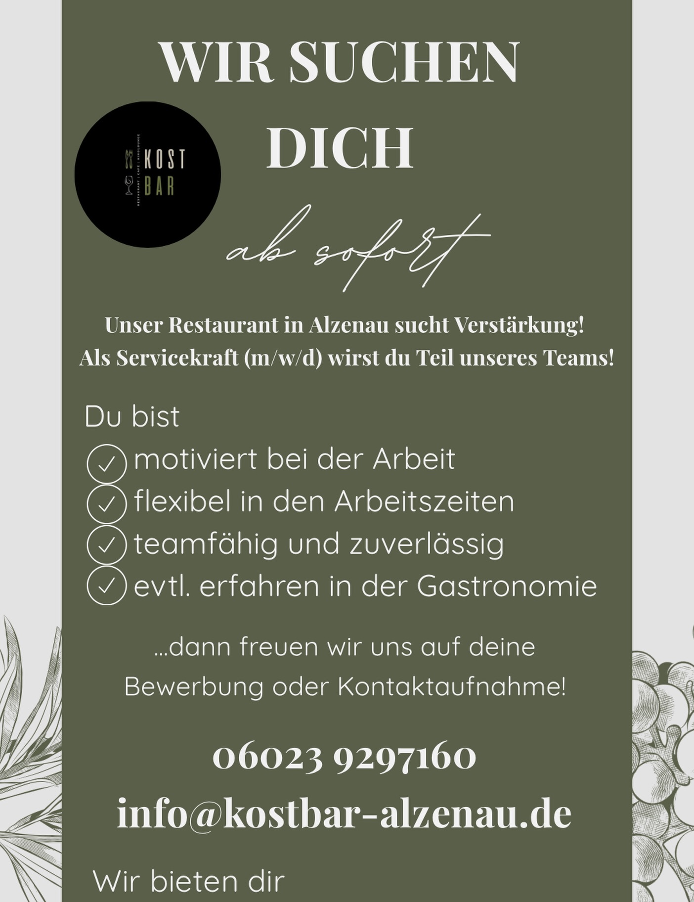 Wir bieten dir…
- einen sicheren Arbeitsplatz in
einem tollen Team
- faire Bezahlung und Trinkgeldbeteiligung
- Möglichkeiten, deine kreativen Ideen einzubringen
💌 #kostbar #restaurantcafekinolounge