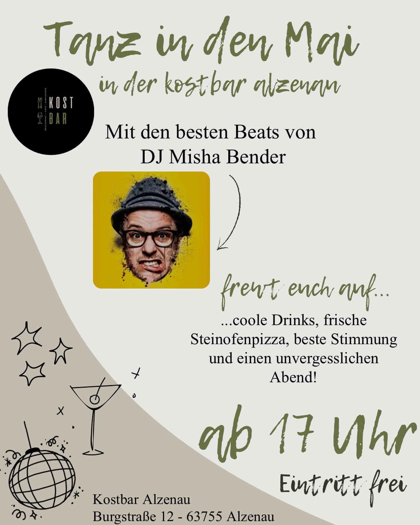 🗓️ 30.04.2026
Kommt vorbei und feiert mit uns in den Mai! 💃🏼 
✨ Eintritt frei 

Kostbar Alzenau 
Burgstraße 12, 63755 Alzenau